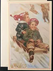 Vtg Christmas Card Artistic Children Riding Sleds Down Snow Covered Hill c.1988
