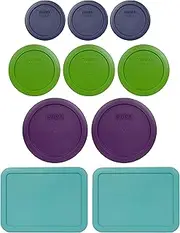 [Pyrex] 10-Piece Container Lid Set: Dark Blue, Green, Purple, Turquoise Lids - Made in USA, Dishwasher Safe, Snap Closure