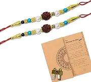 Tied Ribbons Rakhi Bracelet Two Set: Rakhi for Brother & Bhabhi Rudraksha Bracelet | Store Indya Men's Bracelets Indian Jewellery for Women | Rakhi Hamper for Brother with Greeting Card & Roli Chawal