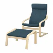 POÄNG armchair and footstool, birch veneer/Hillared dark blue