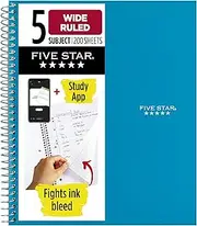 Five Star Spiral Notebook + Study App, 5 Subject, Wide Ruled Paper, 8" x 10-1/2", 200 Sheets, Fights Ink Bleed, Water Resistant Cover, Tidewater Blue (73196)