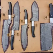 5pc Custom Damascus Kitchen Knife Set Full Tang Blades Great Gift leather Bag