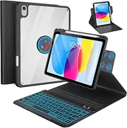 BLUTLOTUS for iPad 11th (A16) 10th Generation Case with Keyboard (2025/2022) - 360° Rotatable Magnetic Folio Cover, 7 Color Backlit Detachable Keyboard with Pencil Holder (Black)