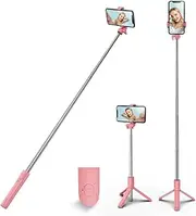 HCTian Selfie Stick Tripod,3 in 1 Extendable 360° Rotation Tripod Stand with Detachable Wireless Remote Portable Mobile Phone Holder Compatible with iPhone,Android,samsung (pink)