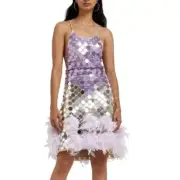 River Island Sequin Disc Faux Feather Backless Dress Light Purple Size 8 NWT