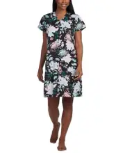 Miss Elaine Short-Sleeve Floral Robe Women's L Seaside V-Neck Snap Front Closure