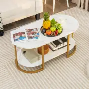 CostwayModern 2-Tier White Marble Coffee Table with Open Shelf