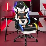 ALFORDSON Gaming Office Chair with 12 RGB LED Lights & 8 Point Massager Lyam Series, PU Leather Racing Computer Chair with Lumbar Support Footrest, Ergonomic Executive Desk Chair for Gamers, White