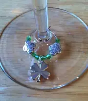 Saint Patricks set of 6 wine glass charms 4 leaf clovers LUCKY AND GREEN