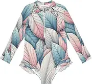 [Joitme] Blue Pink Leaf Swim Suit Girls, Zipper Front Bathing Suit One Piece, UV Protection, Girls Bathing Suits Size 3t