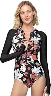 [AXESEA] Womens Long Sleeve Rash Guard Hooded One Piece Swimsuit Sun Protection Front Zpper Printed Bathing Suit