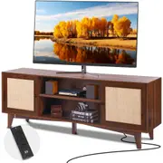 Rattan TV Stand for 75" TV Boho TV Stand with Build-in Socket Walnut