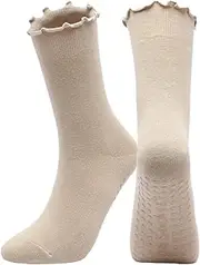[PLZSITDOWN] Pilates Socks with Grips for Women Non Slip Cute Ruffle Yoga Socks, Beige, One Size