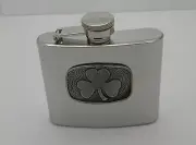 Pewter Shamrock on Stainless 5 oz Whiskey Flask MULLINGAR PEWTER Ireland