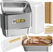Gyreuni 50 Pack Aluminum Loaf Pans with Lids Stickers and Parchment Paper Sheets,2.4Lb Heavy Duty Aluminum Foil Premium Bread Tins - 8.5" X 4.7" X 2.2" Disposable Baking Pans