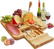 Bamboo Cheese Board Set with Cutlery in Slide-Out Drawer