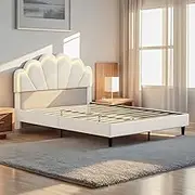Luxsuite Double Size Bed Frame with Elegant Flowers Headboard Metal Platform Wooden Mattress Base Bedroom Furniture Foundation White