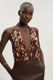 Leopard Print Plunge Halter Neck Trim Detail Mesh Bodysuit