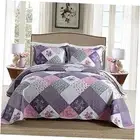 Quilt Bedspread Sets-Floral Checkered Pattern Queen Purple Checkered Floral
