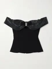 [Self-Portrait] Self-Portrait - Off-the-shoulder Bow And Crystal-embellished Crepe Top - Black - UK 16 UK 16 Black