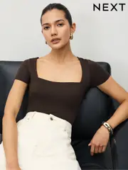 Chocolate Brown Soft Touch Square Neck Short Sleeve Top (W66204) | $41