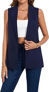 [LADI TREND] Women's Longline Sleeveless Blazer Vests Casual Lapel Collar Office Button Open Front Jacket Vest Pocket