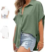 [BnMvF] Women's Casual Button Short Sleeve Slit Hem Shirt Solid Color Tops, Casual Loose Fit Tunic Top with Side Slits,Summer Solid Color Blouse (Medium,Army Green)