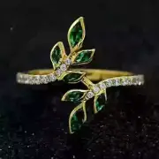 14K Yellow Gold Plated Natural Emerald 3Ct Marquise Cut Leaf Engagement Ring