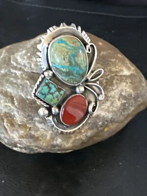 Blue Turquoise & Carnelian Navajo Sterling Silver Cluster Ring Size 10 14840