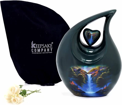 Teardrop Urn Large Green - Blue with Heart for Human Ashes Male - Urns for Adult
