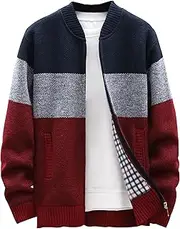 [Generic] Men's Color Block Full Zip Knitwear Coat Male Thick Zipper Knitted Cardigan Fleece Lined Knitted Cardigan for Men