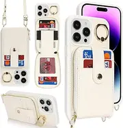 [SunYoo] for iPhone 14 Pro Max Case Crossbody Shoulder Wallet Leather Cover with Card Holders Rotatable Ring Kickstand Wristlet Long Strap Lanyard Phone Case Bag for iPhone 14 Pro Max White