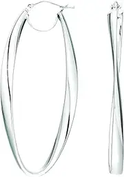 [JewelryWeb] 14k White Gold Shiny Long Oval Free Formform Hoop Earrings With Hinged Clasp-Hoop Earring for Women