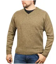 100% Shetland Ragg Wool V Neck Knit Jumper Pullover Mens Sweater Knitted - Nutmeg