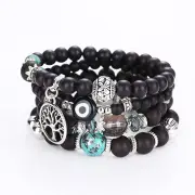 2 Sets Bohemian Hollow Tree of Life Elastic Beads Multilayer Bangle Bracelet Gift for Women BLACK COLOUR