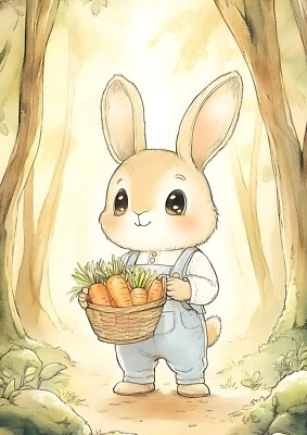 Rabbit with Basket of Carrots Nursery Kids Room Wall Art Print 8.5"x11"