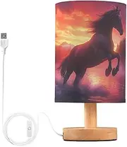 [ZRYSMY] Horse Lake Sunset Table Lamp with USB Port for Living Room Nightstand Lamp with Linen Fabric Shade Small Bedside Lamps for Bedroom, Dorm, Office (LED Bulb Included)