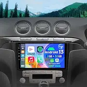 2Din Car Stereo Android 13 for Ford S-Max 2007 2008 with 9 Inch IPS Touch Screen Wireless Carplay Android Auto DAB Steering Wheel WIFI Navigation Bluetooth FM DSP Voice Control Rear Camera Mic, 2+32G