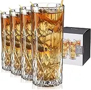 Viski Admiral Highball Cut Crystal Drinking Tall Cocktail Glasses, 9oz Set of 4, Clear