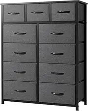AZL1 Life Concept 11-Drawer Dresser, Fabric Storage Tower for Bedroom, Hallway, Nursery, Closets, Tall Chest Organizer Unit with Textured Print Fabric Bins, Steel Frame, Wood Top, Dark Grey