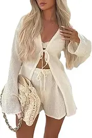 [Lunoakvo] Women Summer 2 Piece Outfits Bow Tie Front Hollow Out V-neck Bell Sleeve Blouse Casual Elastic Waist Shorts Sets