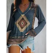 Women's Plus Size T Shirt Tunic Graphic Geometric Vintage Basic Ethnic Long Sleeve V Neck Long Tops Daily Weekend Print Blue Khaki Fall Winter