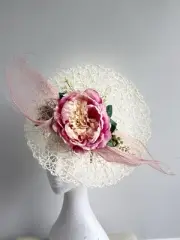 Cream basket weave Fascinator with flowers, Sinamay And Foliage On A Headband.