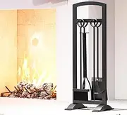 Kingson 5 Pieces Fireplace Tools Set Black Fire Tools Set and Holder Outdoor Fire Pit Sets Indoor Tongs Brush Shovel Poker Wood Stove Accessories Kit