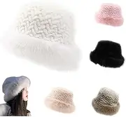 [HOBIVA] Women's Warm Fashion Synthetic Rabbit Fur Fisherman Hat，Winter Fluffy Fuzzy Bucket Hat，Foldable Floppy Warm Cap (White,OneSize)