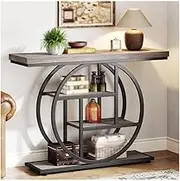 Console Table, Entryway Table with Circle Base, Tables with Storage Shelves for Living Room(Gray)