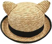 [Cauplse] Summer New Cat Ears Handmade Natural Straw Sun Hat with Bow for Women Solid Beach Cap Girls UV Protection Sunhat