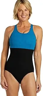 [Sporti] Women Tummy Control One Piece Swimsuit, Unique Textured One Piece Slimming Bathing Suits for Training Sports, High Neck - Black/Teal, 16