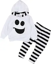 [Generic] Kids Active Wear Toddler Kids Boys Girls Outfit Halloween Stripe Prints Long Sleeves Tops Pants 2pcs Set Outfits Outfits Teens Girls White