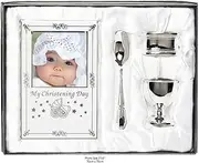 Beautiful Boxed Silver Plated Christening Day Gift Set - 4-Piece, Includes Egg Cup, Spoon, Photo frame, Napkin Ring in Presentation Gift Box.